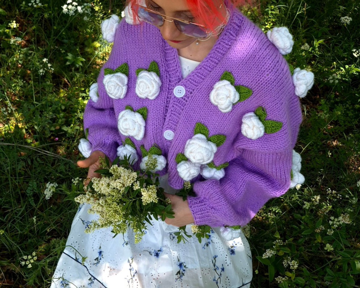 Chunky Lavender Handknitted Cardigan with 3D White Roses & Mushrooms – Oversized Soft Girl Knitwear, Handmade Crochet Pullover, Bobble Sleeves, Cozy Cottagecore Layering Sweater, Artisan Handmade Knit, Gift for Her