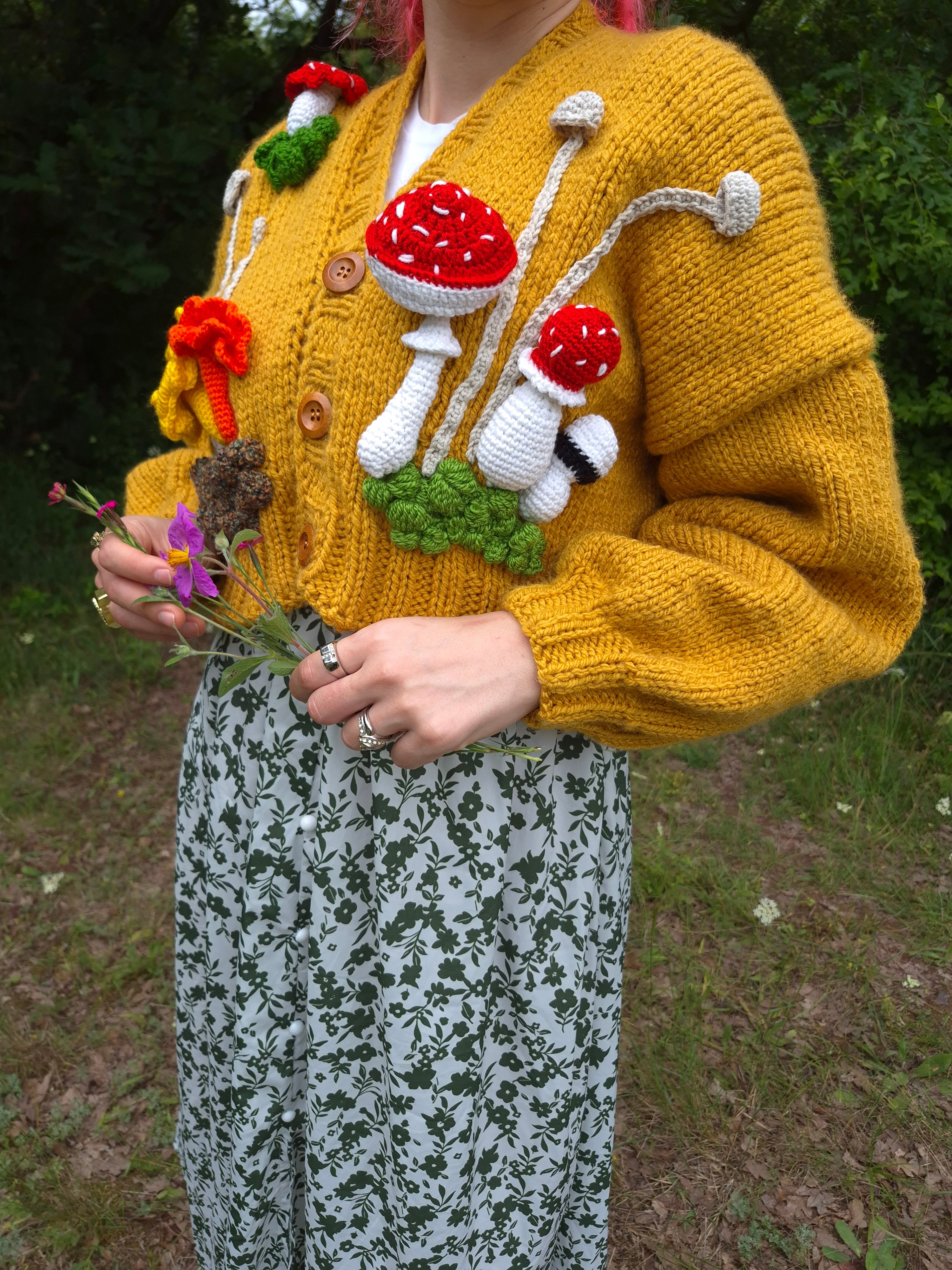 Cottagecore Chunky Mustard Handknitted Cardigan with 3D Amigurumi Mushrooms & Moss – Oversized Soft Girl Knitwear, Handmade Crochet Pullover, Bobble Sleeve Artisan Knit, Cozy Forest-Inspired Sweater, Gift for Her