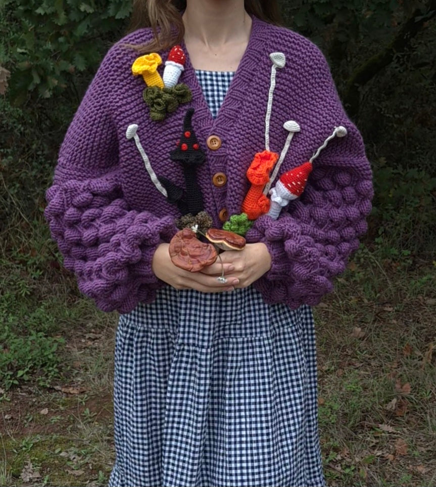 Chunky Purple Handknitted Cardigan with 3D Amigurumi Mushrooms and Moss,Bobble Sleeves