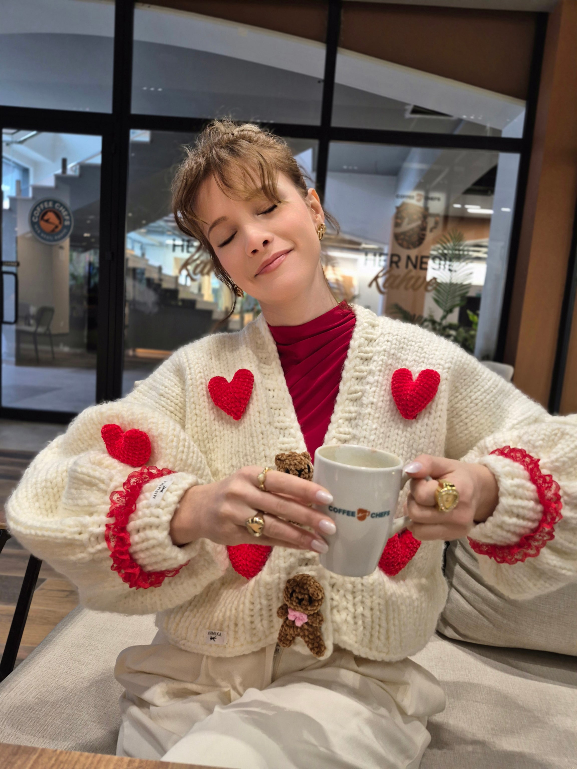 Valentine’s Day Special Handcrafted Oversized Knit Sweater with Amigurumi Teddy Bear Appliqués, Bold Red Heart Details, and Cloud-Soft Puffy Balloon Sleeves Teddy Love