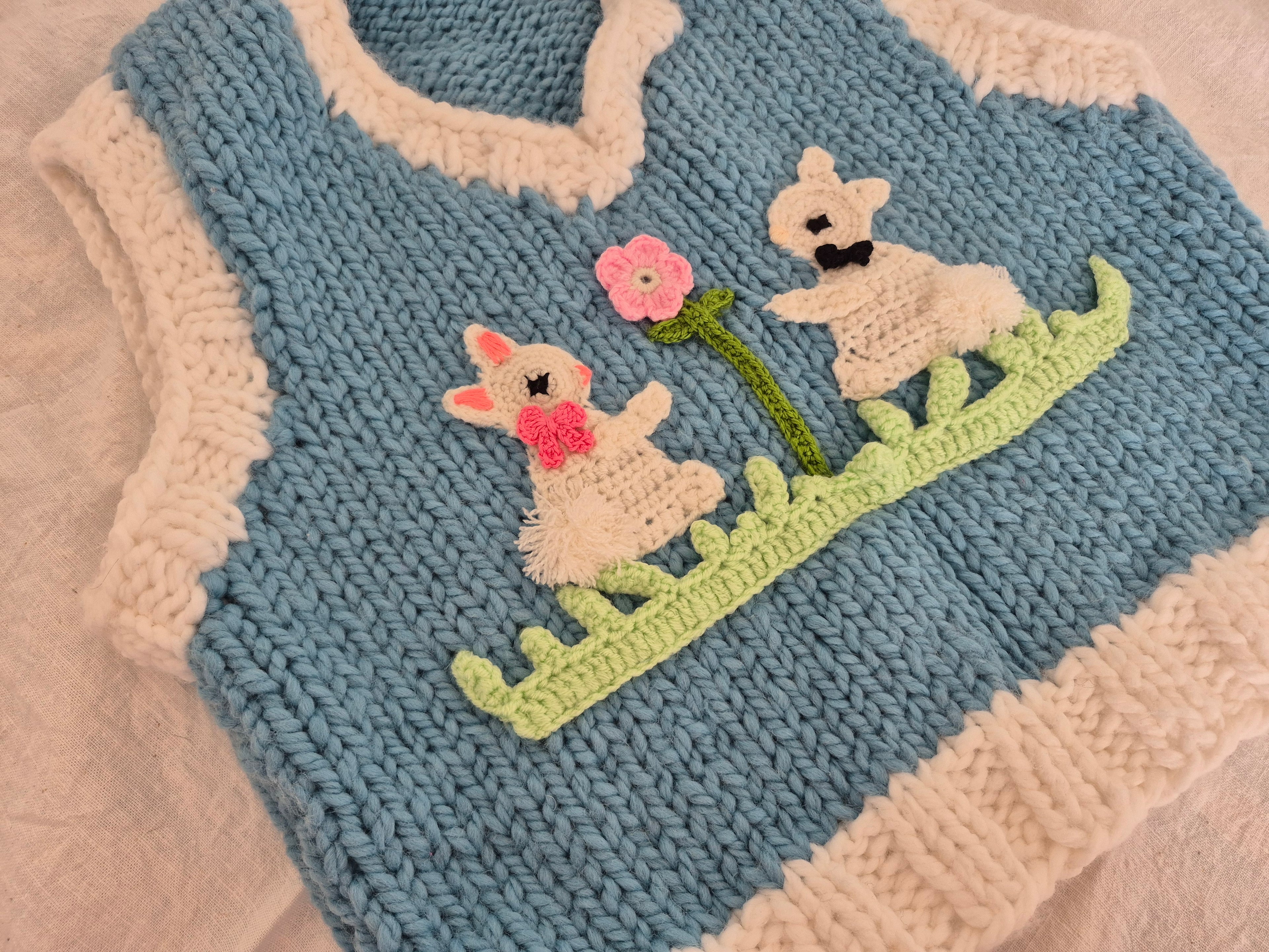 Handknitted Baby Blue & White Cropped Wool-Blend Vest with Bunny Appliqués – Cozy Handmade Knitwear, Soft Girl Girly Crochet Pullover, Bunnycore Croquette Vest, Oversized Layering Knit, Artisan Handmade Soft Knit