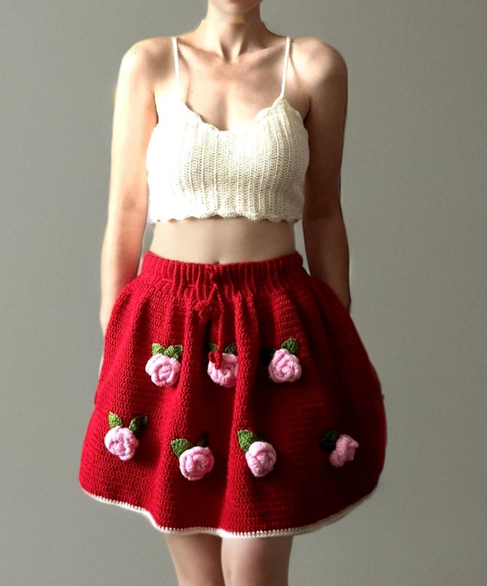 Red Crocheted Crop Top & Mini Skirt Set with Big Pink 3D Roses – Romantic 60s Soft-Girl Vibes
