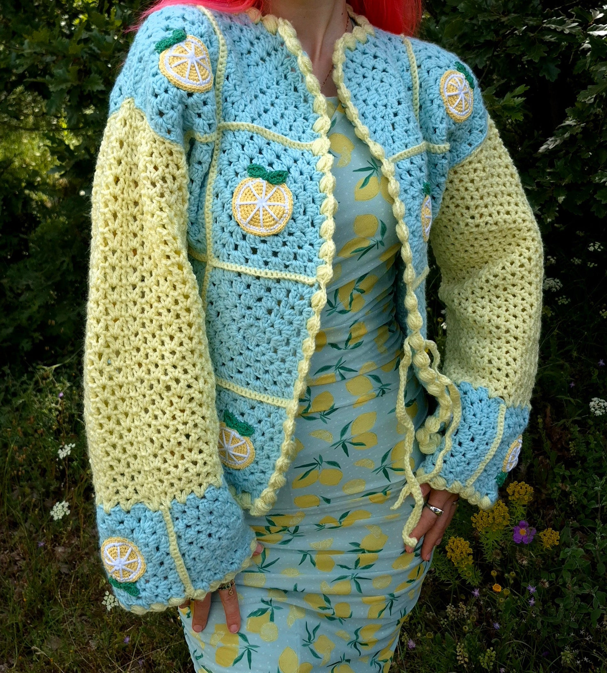 Chunky Crocheted Mint Green & Pastel Yellow Cardigan with Lemon Appliqués – Handmade Soft Girl Knitwear, Whimsical Crochet Pullover, Cozy Oversized Sweater, Artisan Crochet Top for Cottagecore, Bright Vibrant Fashion & Gifts