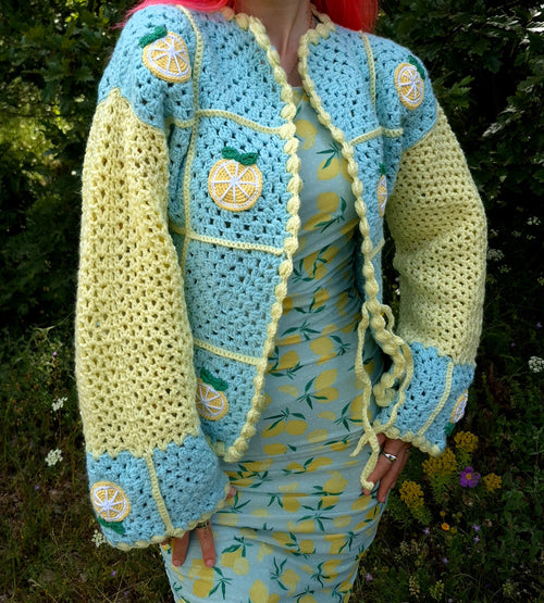Chunky Crocheted Mint Green & Pastel Yellow Cardigan with Lemon Appliqués – Handmade Soft Girl Knitwear, Whimsical Crochet Pullover, Cozy Oversized Sweater, Artisan Crochet Top for Cottagecore, Bright Vibrant Fashion & Gifts