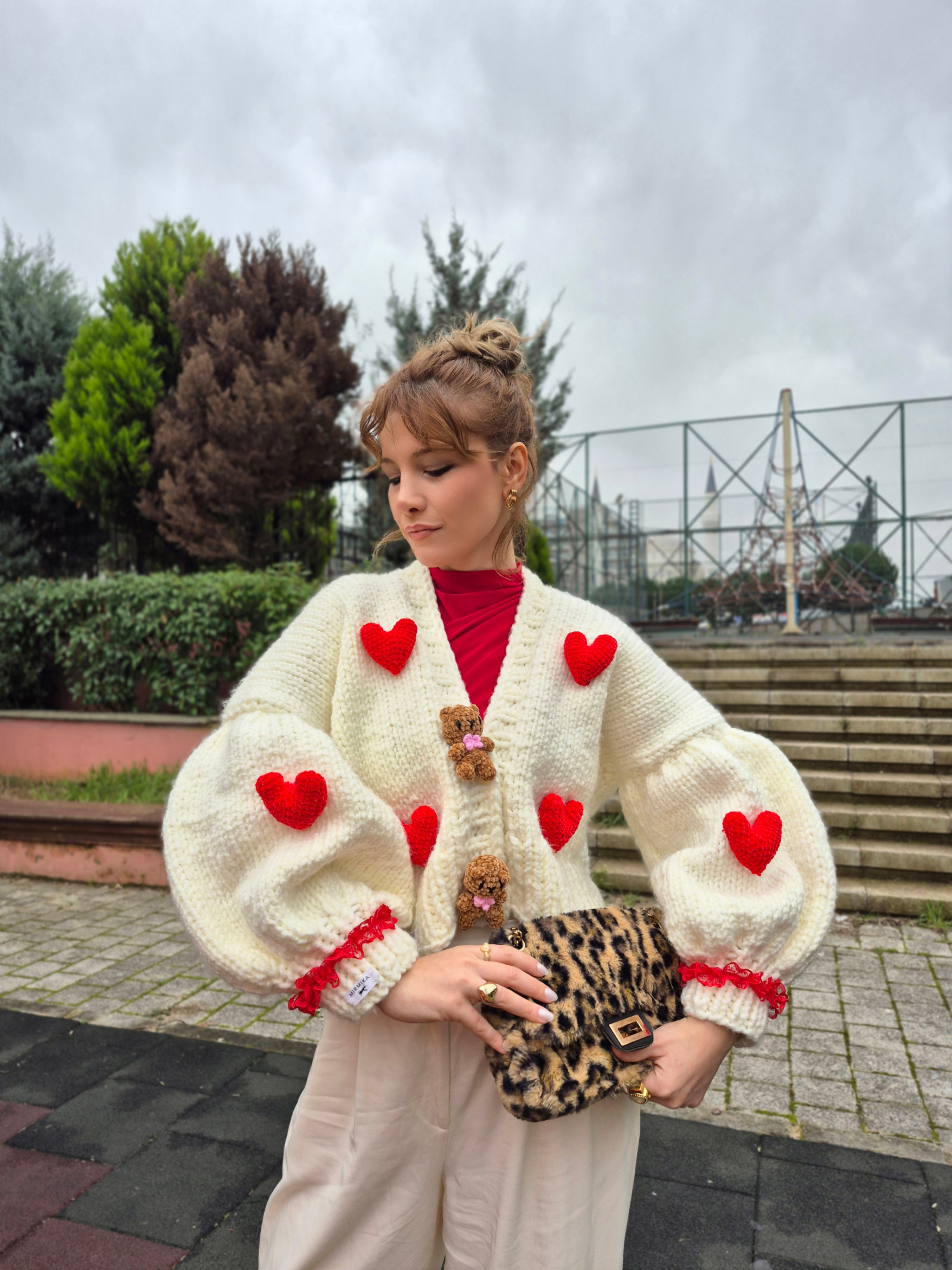 Valentine’s Day Special Handcrafted Oversized Knit Sweater with Amigurumi Teddy Bear Appliqués, Bold Red Heart Details, and Cloud-Soft Puffy Balloon Sleeves Teddy Love