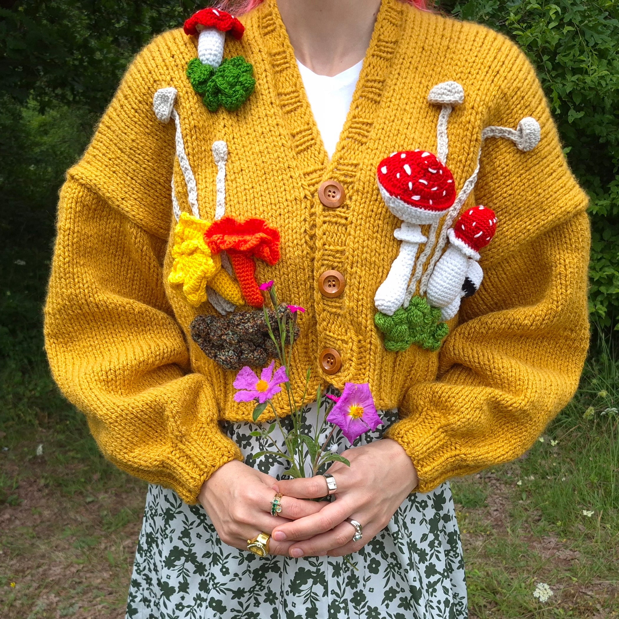 Cottagecore Chunky Mustard Handknitted Cardigan with 3D Amigurumi Mushrooms & Moss – Oversized Soft Girl Knitwear, Handmade Crochet Pullover, Bobble Sleeve Artisan Knit, Cozy Forest-Inspired Sweater, Gift for Her