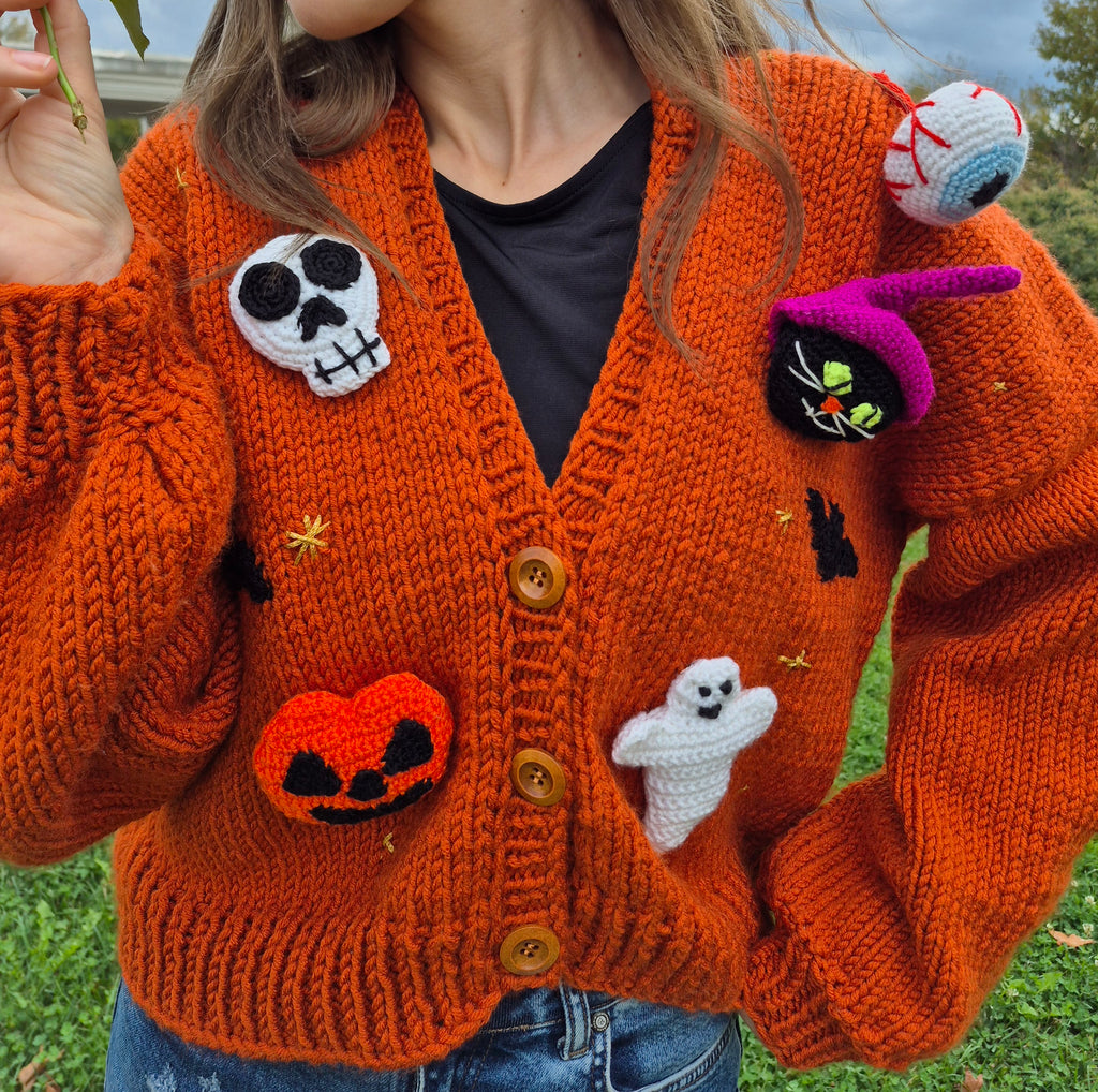 Handknitted, Chunky&Cozy Brick Cardigan with Halloween Appliques