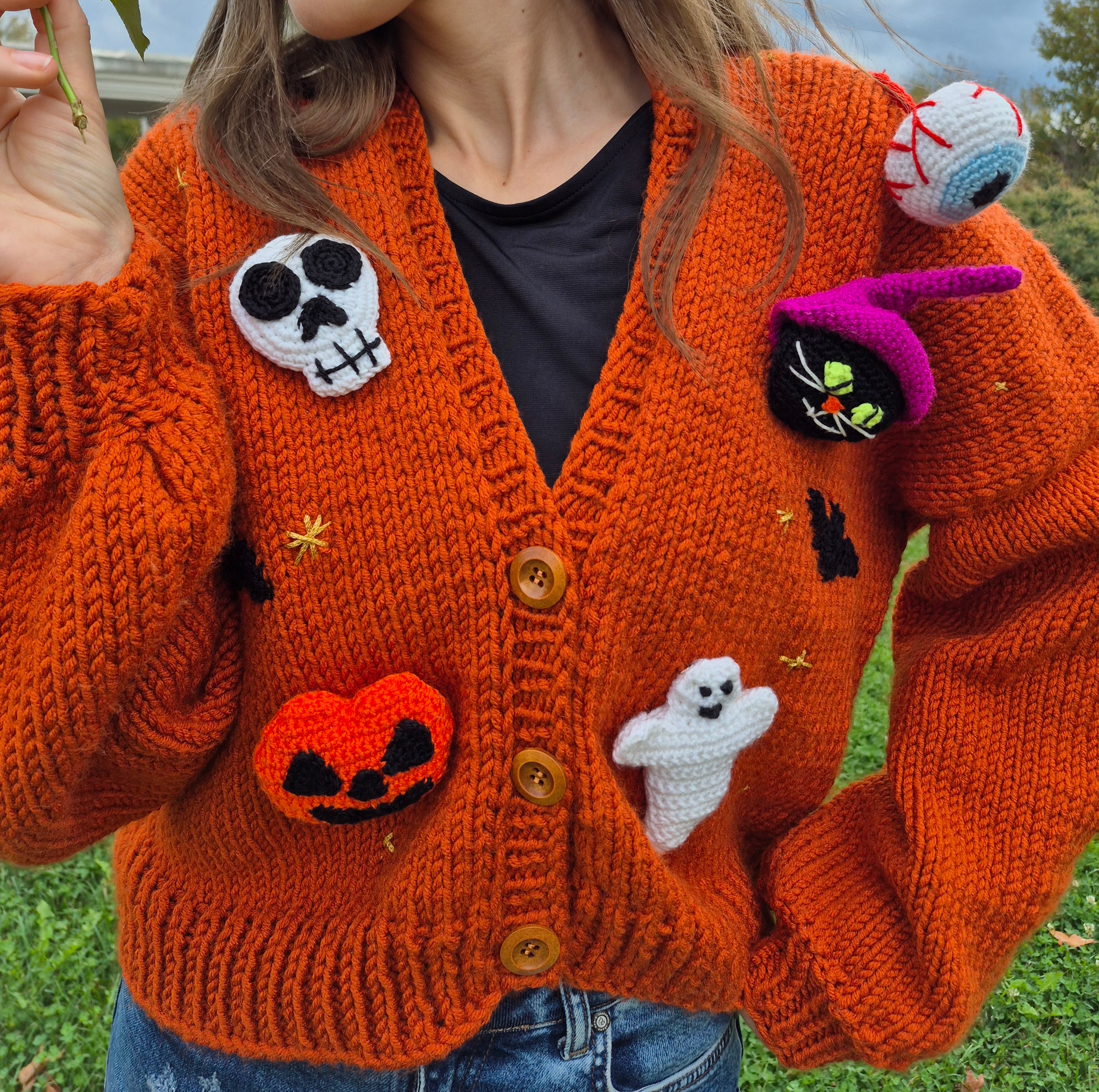 Handknitted, Chunky&Cozy Brick Cardigan with Halloween Appliques