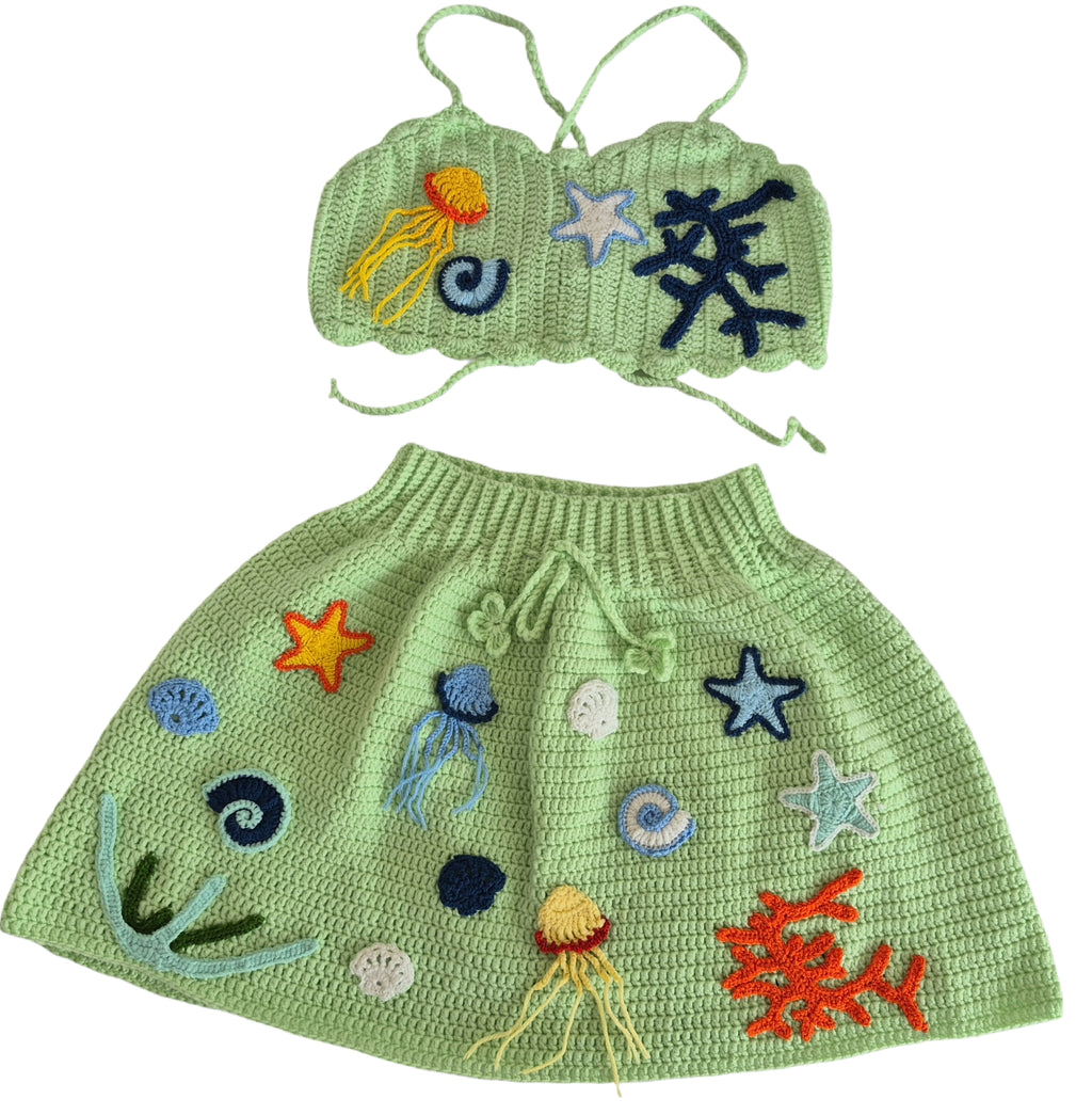 Mint Green Crocheted Crop Top & Mini Skater Skirt Set with Sea-Themed Appliqués – Mermaidcore Two-Piece, Whimsical Handmade Crochet Outfit, Artsy Coquette Knitwear, Soft Anti-Pilling Yarn, Festival & Photoshoot Set, Gift for Her