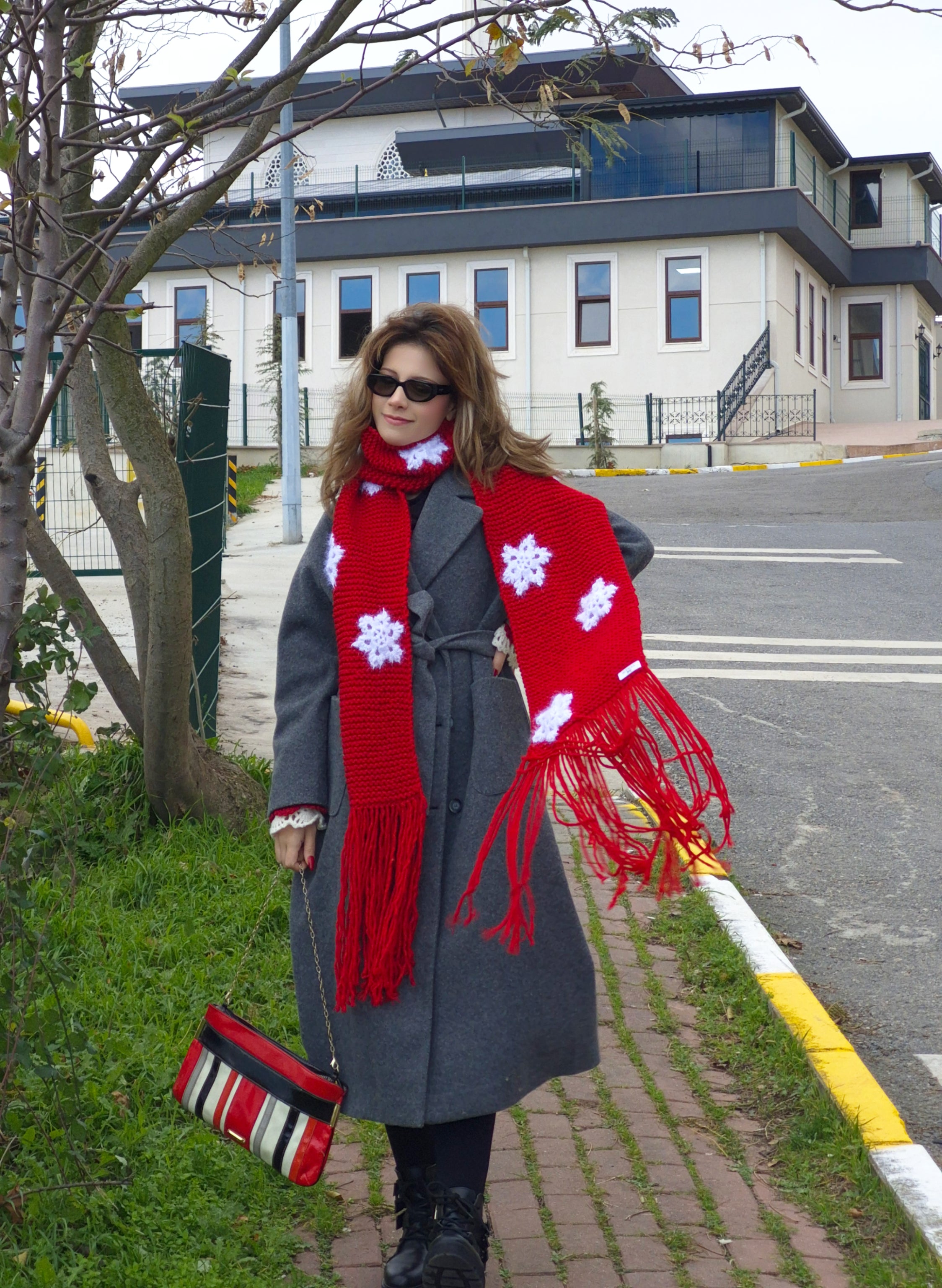 Hand Knitted Oversized Red Winter Scarf with Sparkly Crocheted Snowflake Appliqués and Victorian Inspired Red and White Crocheted Hand Cuffs – Romantic Handmade Winter Accessories Set, Unique Statement Cold Weather Fashion