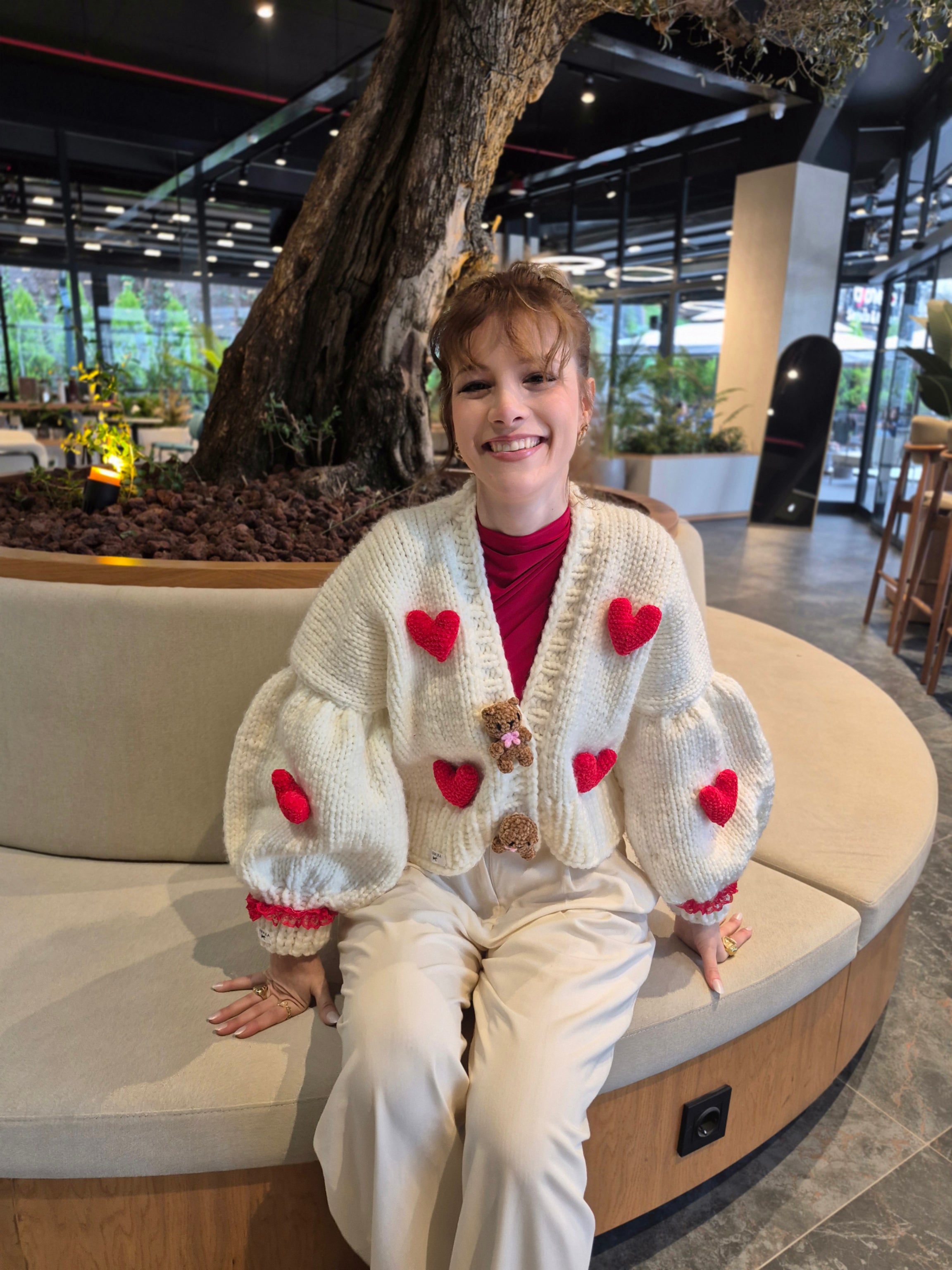 Valentine’s Day Special Handcrafted Oversized Knit Sweater with Amigurumi Teddy Bear Appliqués, Bold Red Heart Details, and Cloud-Soft Puffy Balloon Sleeves Teddy Love