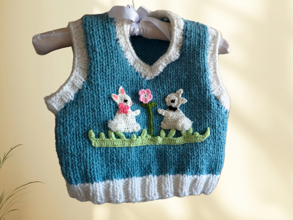 Handknitted Baby Blue & White Cropped Wool-Blend Vest with Bunny Appliqués – Cozy Handmade Knitwear, Soft Girl Girly Crochet Pullover, Bunnycore Croquette Vest, Oversized Layering Knit, Artisan Handmade Soft Knit