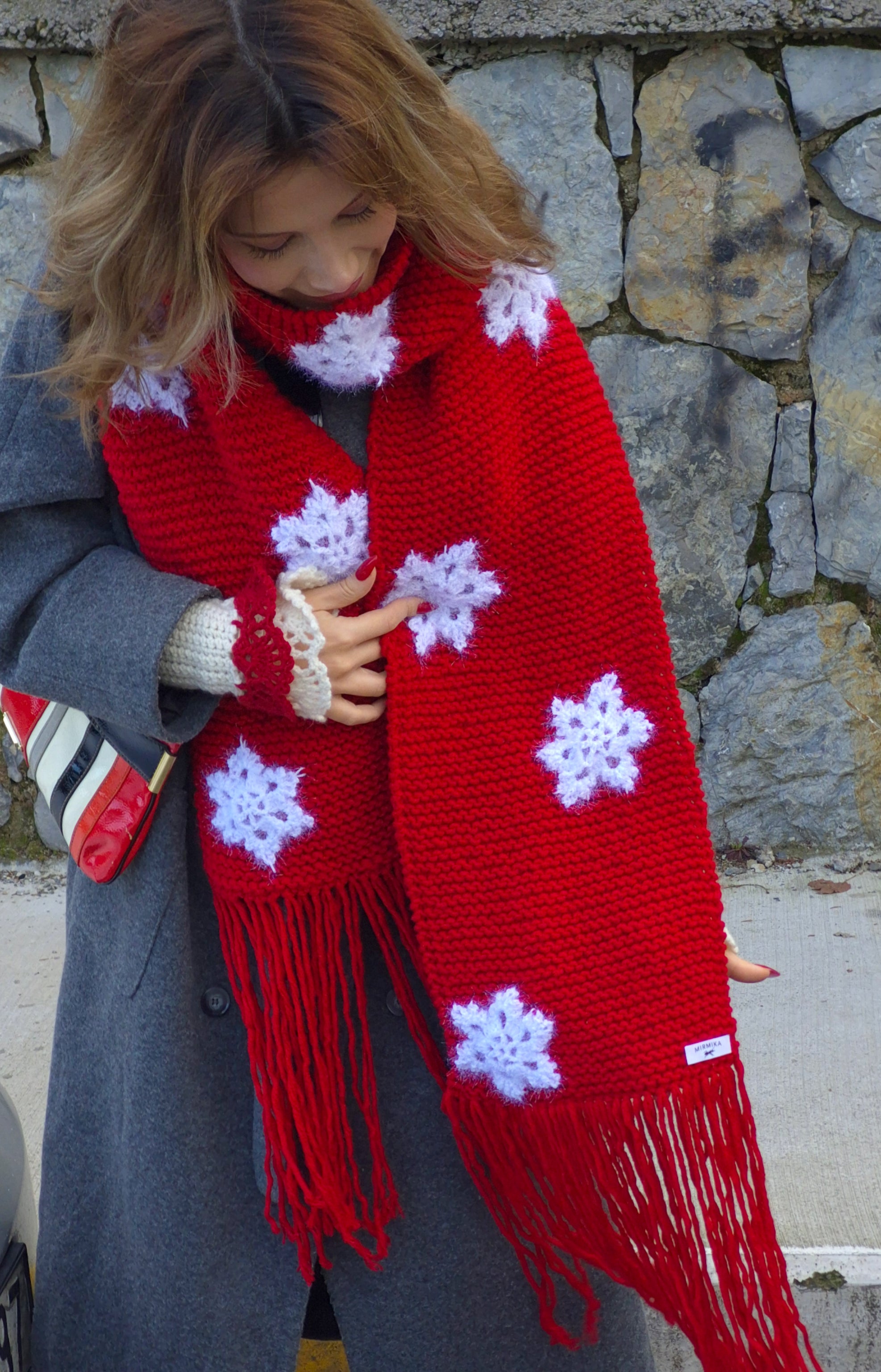 Hand Knitted Oversized Red Winter Scarf with Sparkly Crocheted Snowflake Appliqués and Victorian Inspired Red and White Crocheted Hand Cuffs – Romantic Handmade Winter Accessories Set, Unique Statement Cold Weather Fashion