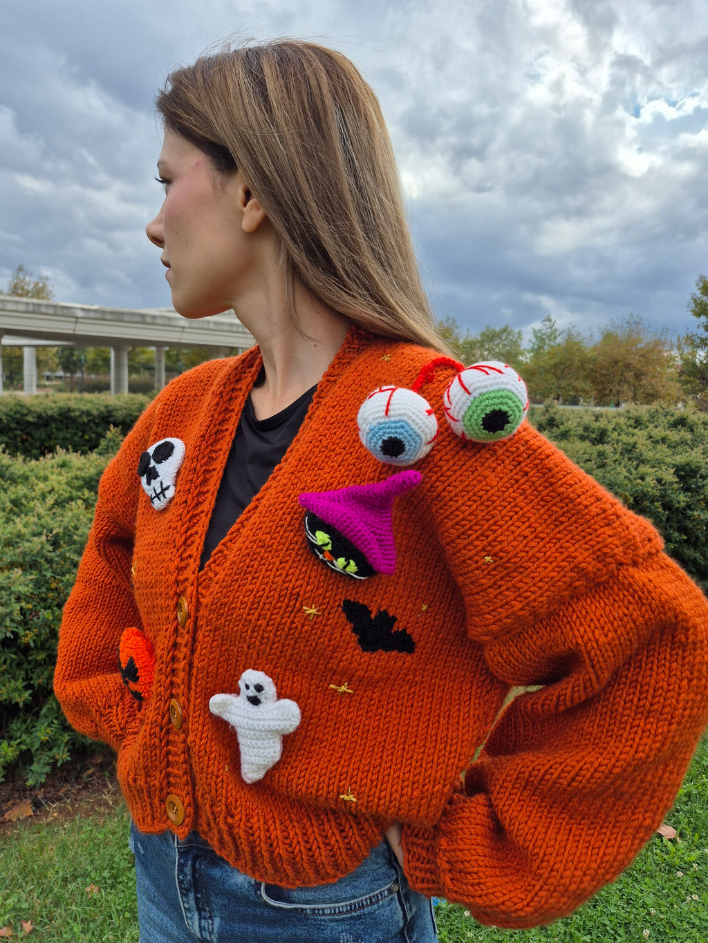 Handknitted, Chunky&Cozy Brick Cardigan with Halloween Appliques