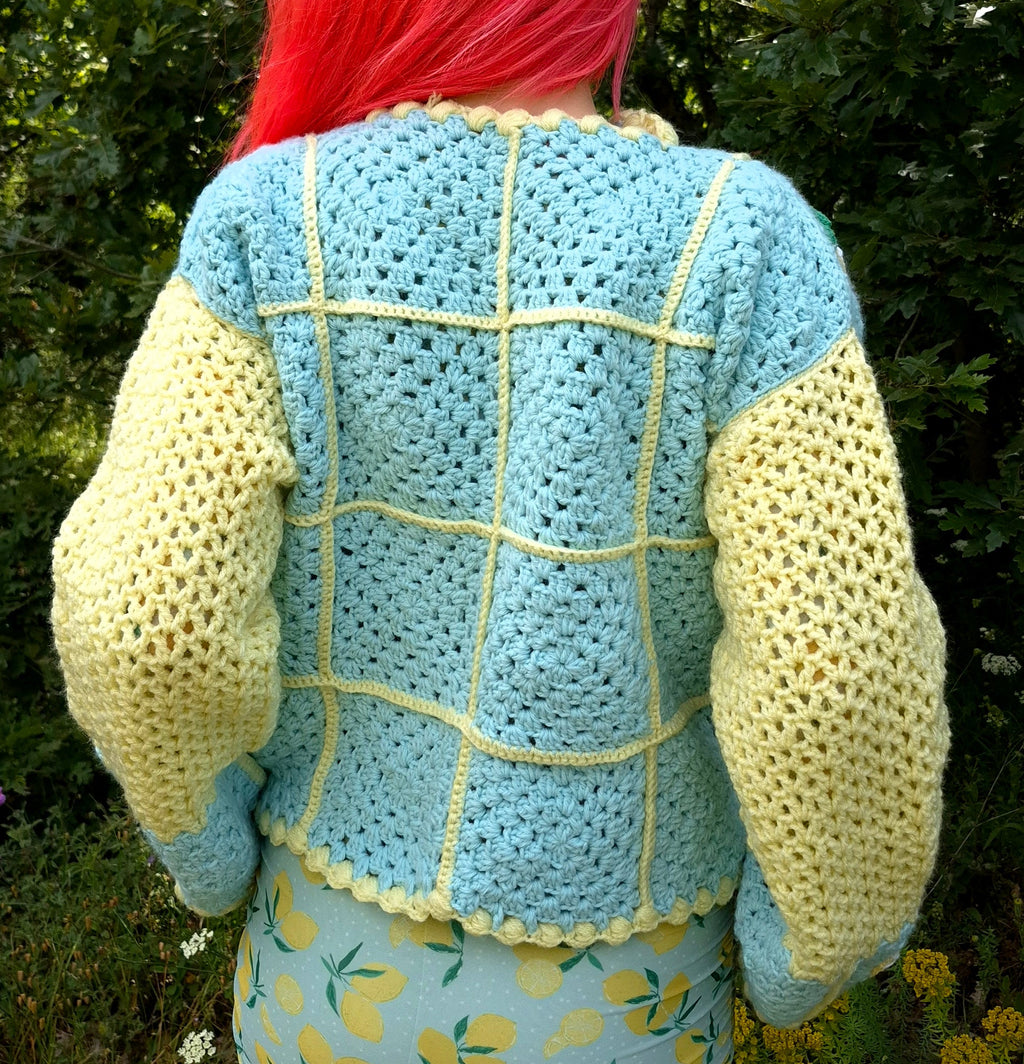 Chunky Crocheted Mint Green & Pastel Yellow Cardigan with Lemon Appliqués – Handmade Soft Girl Knitwear, Whimsical Crochet Pullover, Cozy Oversized Sweater, Artisan Crochet Top for Cottagecore, Bright Vibrant Fashion & Gifts