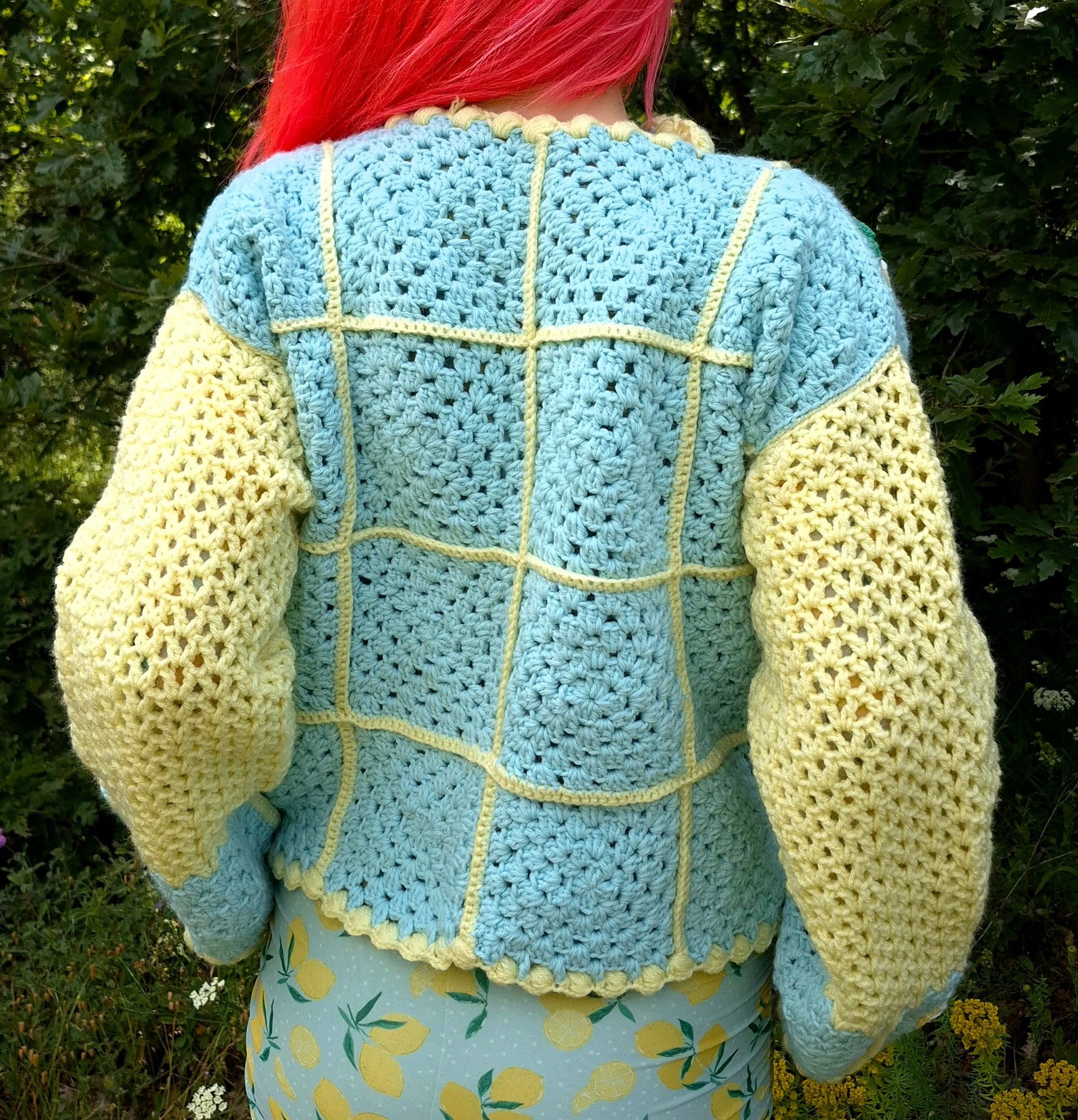 Chunky Crocheted Mint Green & Pastel Yellow Cardigan with Lemon Appliqués – Handmade Soft Girl Knitwear, Whimsical Crochet Pullover, Cozy Oversized Sweater, Artisan Crochet Top for Cottagecore, Bright Vibrant Fashion & Gifts
