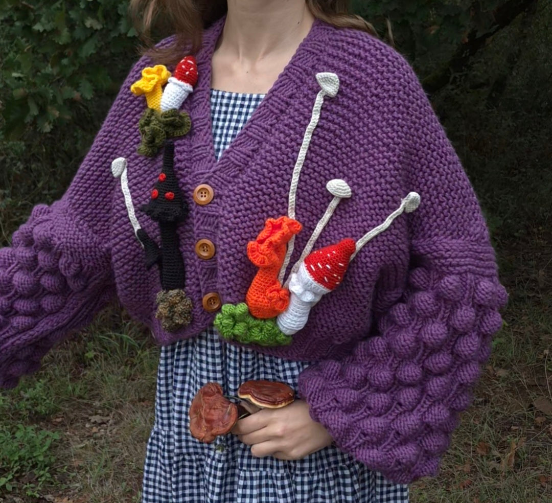 Chunky Purple Handknitted Cardigan with 3D Amigurumi Mushrooms and Moss,Bobble Sleeves