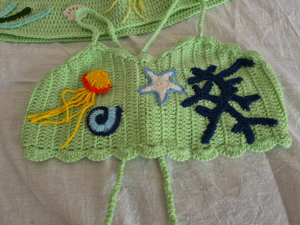 Mint Green Crocheted Crop Top & Mini Skater Skirt Set with Sea-Themed Appliqués – Mermaidcore Two-Piece, Whimsical Handmade Crochet Outfit, Artsy Coquette Knitwear, Soft Anti-Pilling Yarn, Festival & Photoshoot Set, Gift for Her