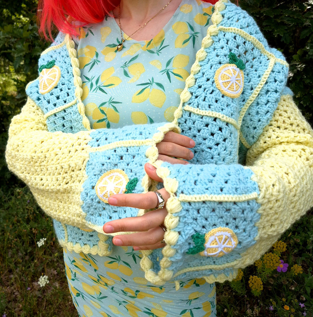 Chunky Crocheted Mint Green & Pastel Yellow Cardigan with Lemon Appliqués – Handmade Soft Girl Knitwear, Whimsical Crochet Pullover, Cozy Oversized Sweater, Artisan Crochet Top for Cottagecore, Bright Vibrant Fashion & Gifts