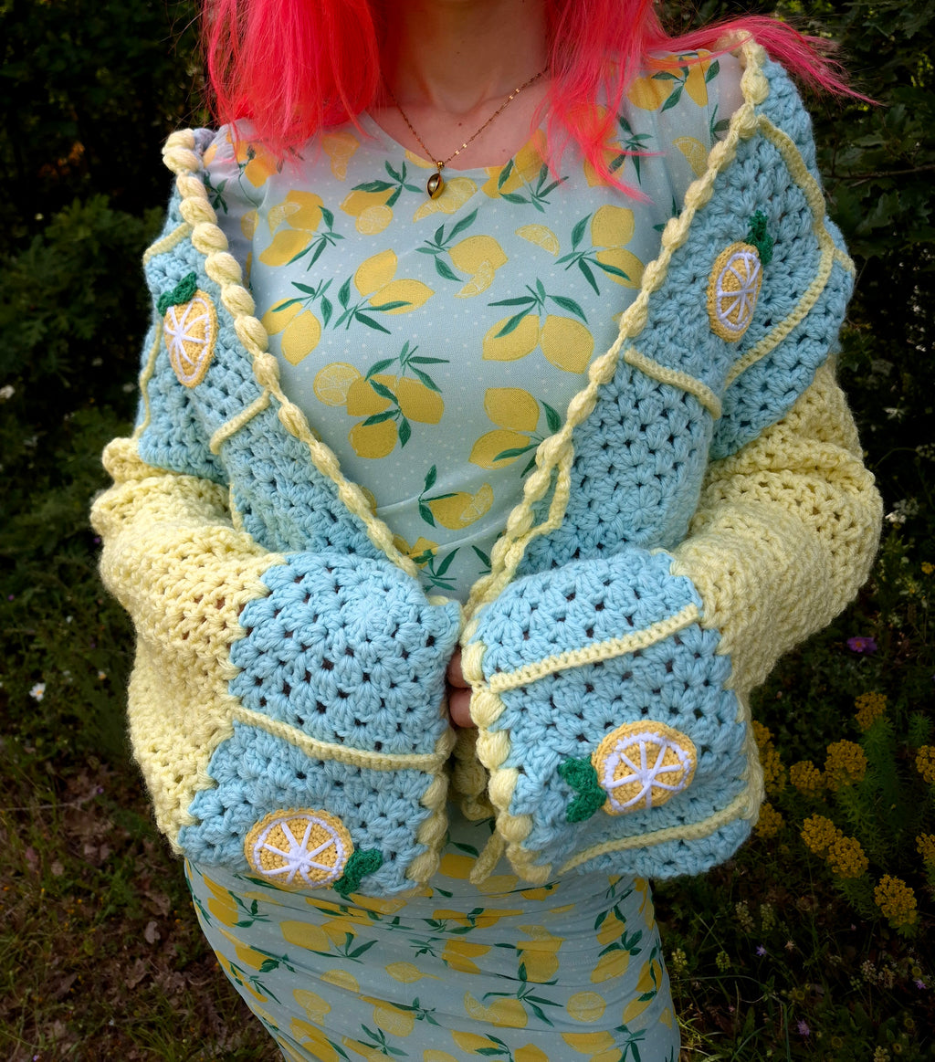 Chunky Crocheted Mint Green & Pastel Yellow Cardigan with Lemon Appliqués – Handmade Soft Girl Knitwear, Whimsical Crochet Pullover, Cozy Oversized Sweater, Artisan Crochet Top for Cottagecore, Bright Vibrant Fashion & Gifts