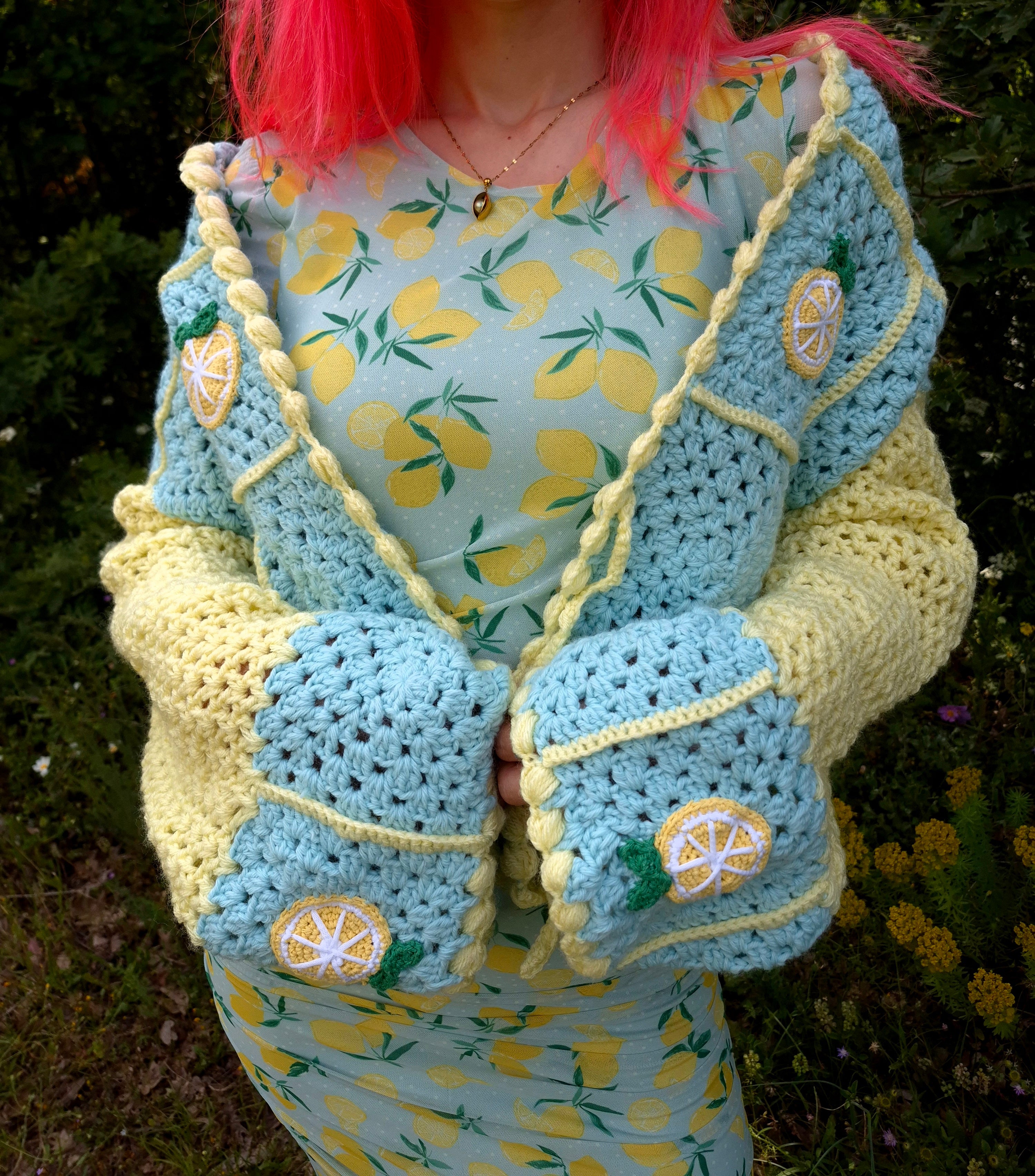 Chunky Crocheted Mint Green & Pastel Yellow Cardigan with Lemon Appliqués – Handmade Soft Girl Knitwear, Whimsical Crochet Pullover, Cozy Oversized Sweater, Artisan Crochet Top for Cottagecore, Bright Vibrant Fashion & Gifts