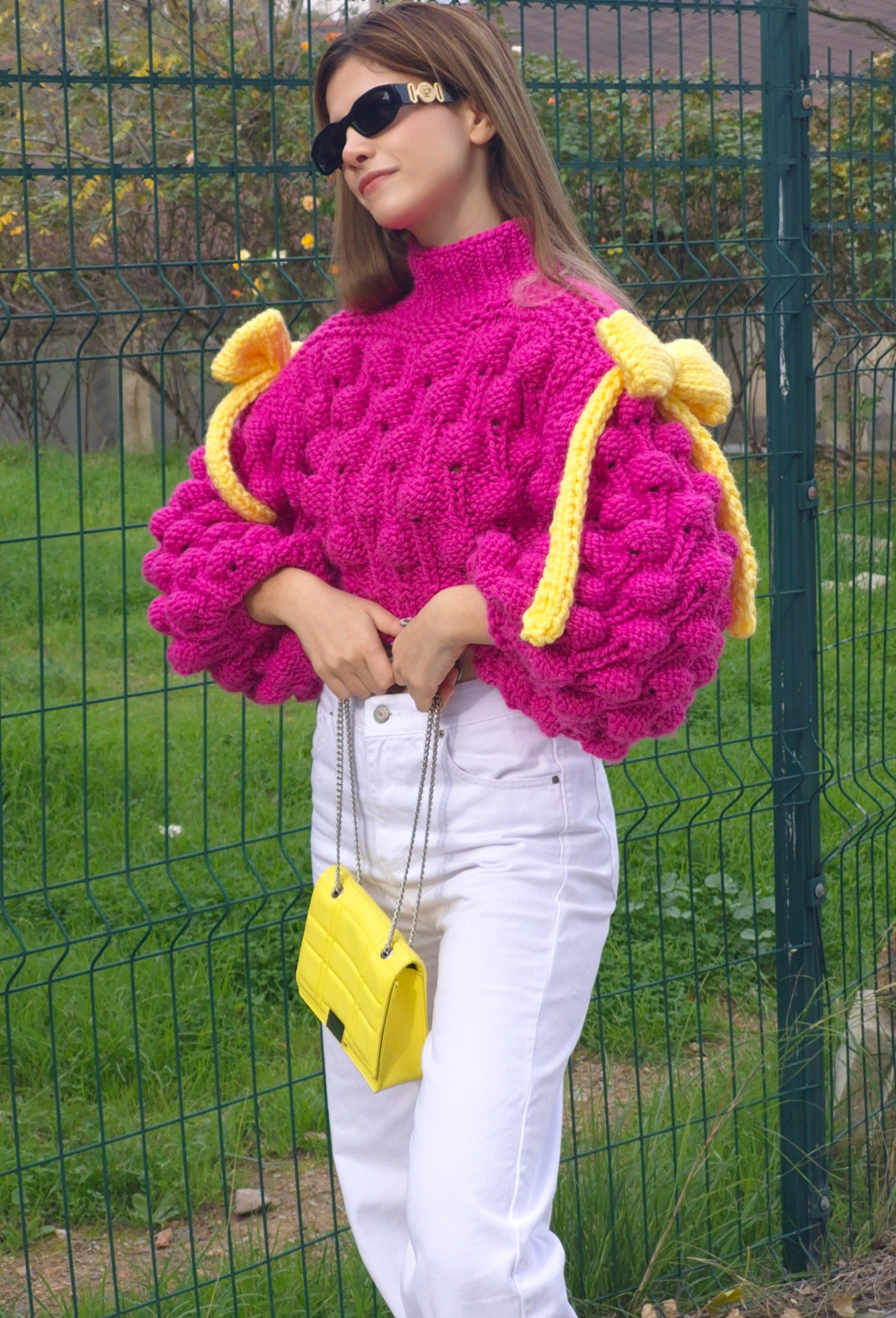 Candy Bow Top – Hand-Knitted Chunky Sweater with Fuchsia Bubbles & Oversized Yellow Bows | Soft Girl Knitwear, Pastel Aesthetic, Cottagecore, Kawaii Fashion, Cozy Handmade Pullover, Oversized Knit, Bobble Stitch, Pink Fuchsia Sweater
