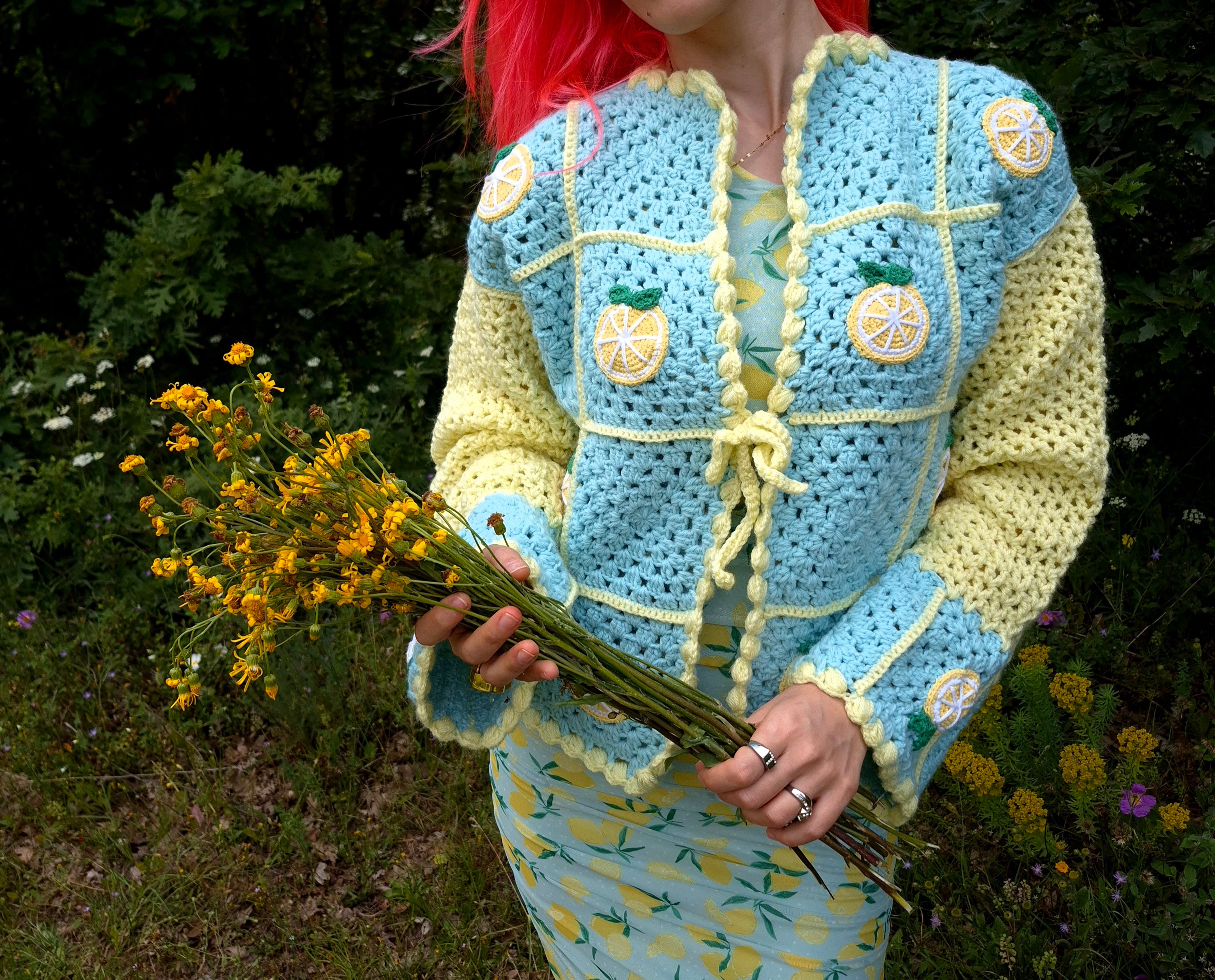 Chunky Crocheted Mint Green & Pastel Yellow Cardigan with Lemon Appliqués – Handmade Soft Girl Knitwear, Whimsical Crochet Pullover, Cozy Oversized Sweater, Artisan Crochet Top for Cottagecore, Bright Vibrant Fashion & Gifts